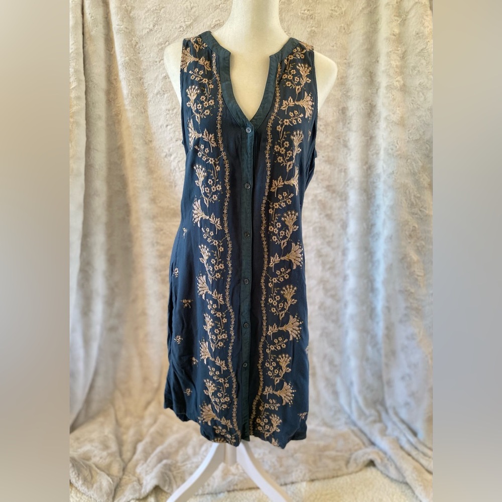 Tiny brand mini dress in a size medium in navy blue with gold and tan embroidery